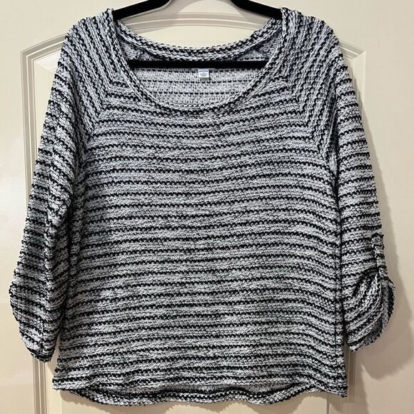 SPLENDID Boat Neck Marled Roll Tab 3/4 Sleeve Pullover BlackWhite Women’s Medium - Picture 1 of 5